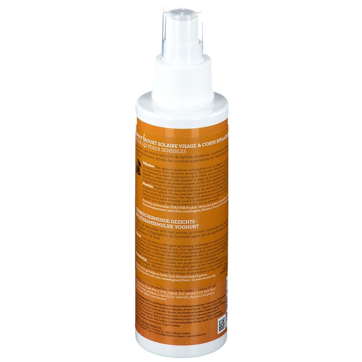 Vue arrière du flacon de spray solaire. Étiquette orange avec texte. Contient des informations sur la protection solaire.
