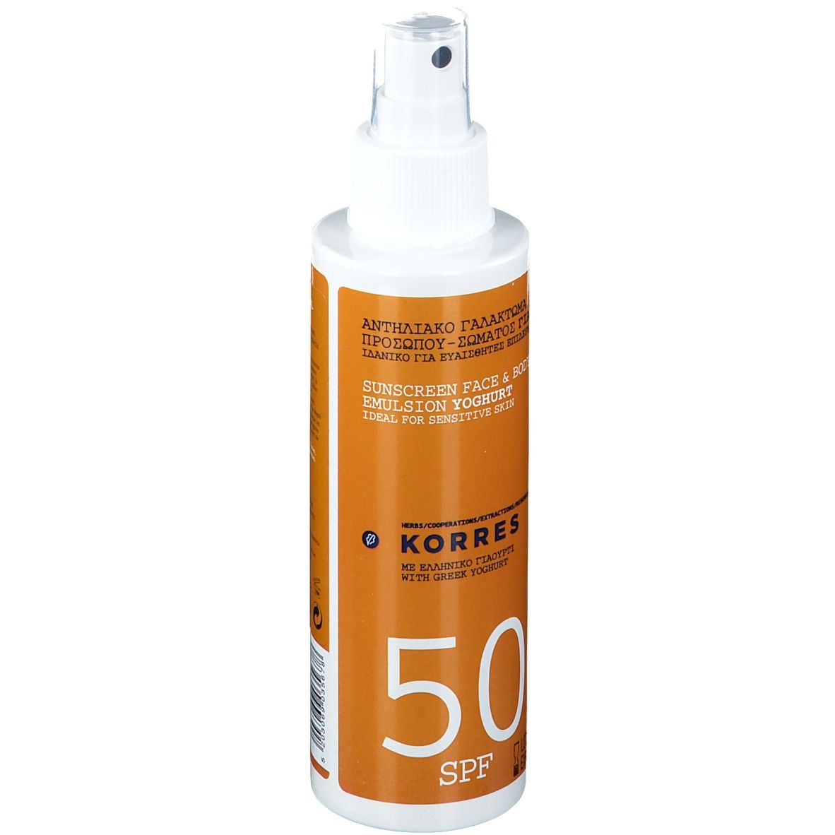 Spray solaire avec tête de pulvérisation. Étiquette orange avec texte et SPF 50. Idéal pour peaux sensibles.