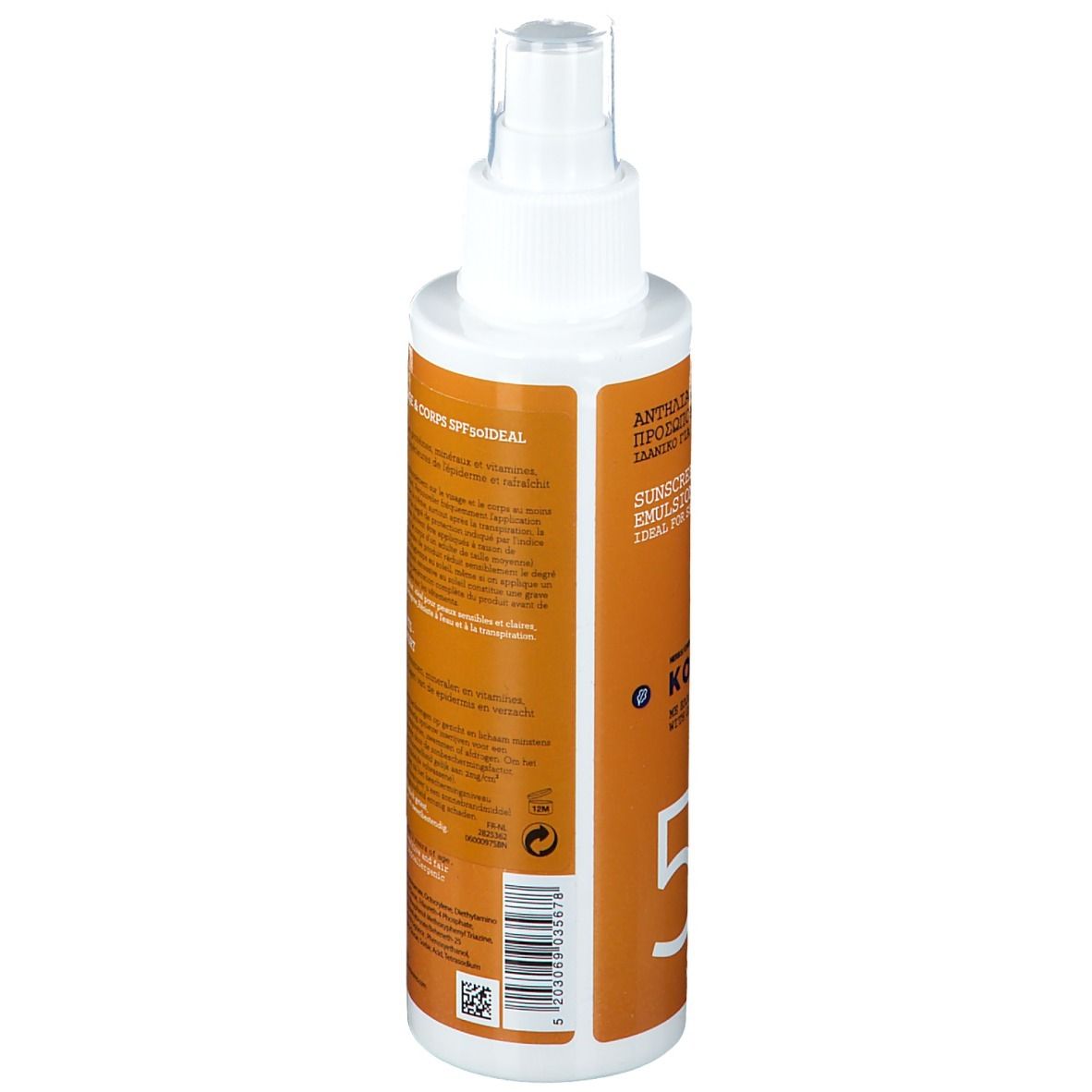 Dos de la bouteille de spray solaire. Étiquette orange avec texte. Contient des informations sur la protection solaire.