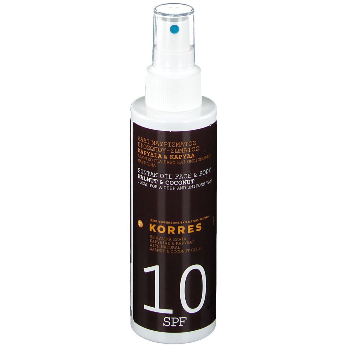 Flacone spray con testa bianca ed etichetta marrone. Scritta: KORRES, SPF 10. Contiene olio di noce e cocco.