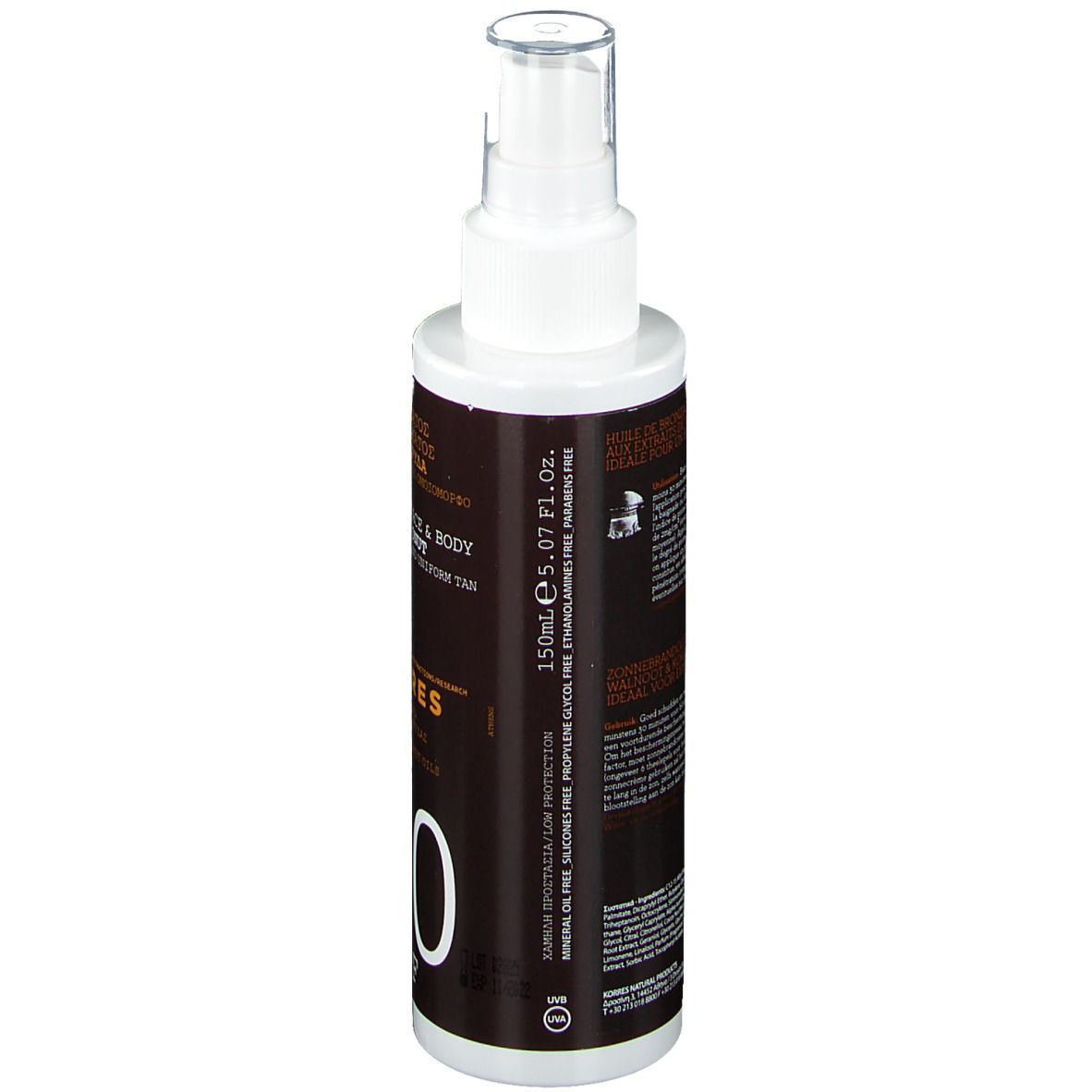 Retro del flacone spray. Testo multilingue. Contiene 150ml. Senza olio, senza silicone, senza parabeni.