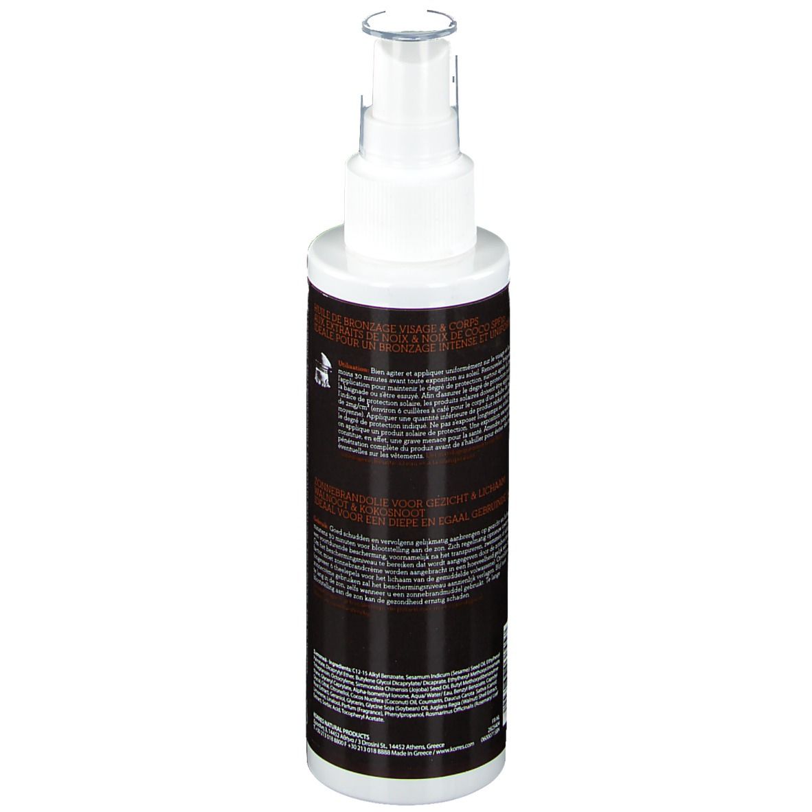 Retro del flacone spray. Testo multilingue. Informazioni sul prodotto e sugli ingredienti.