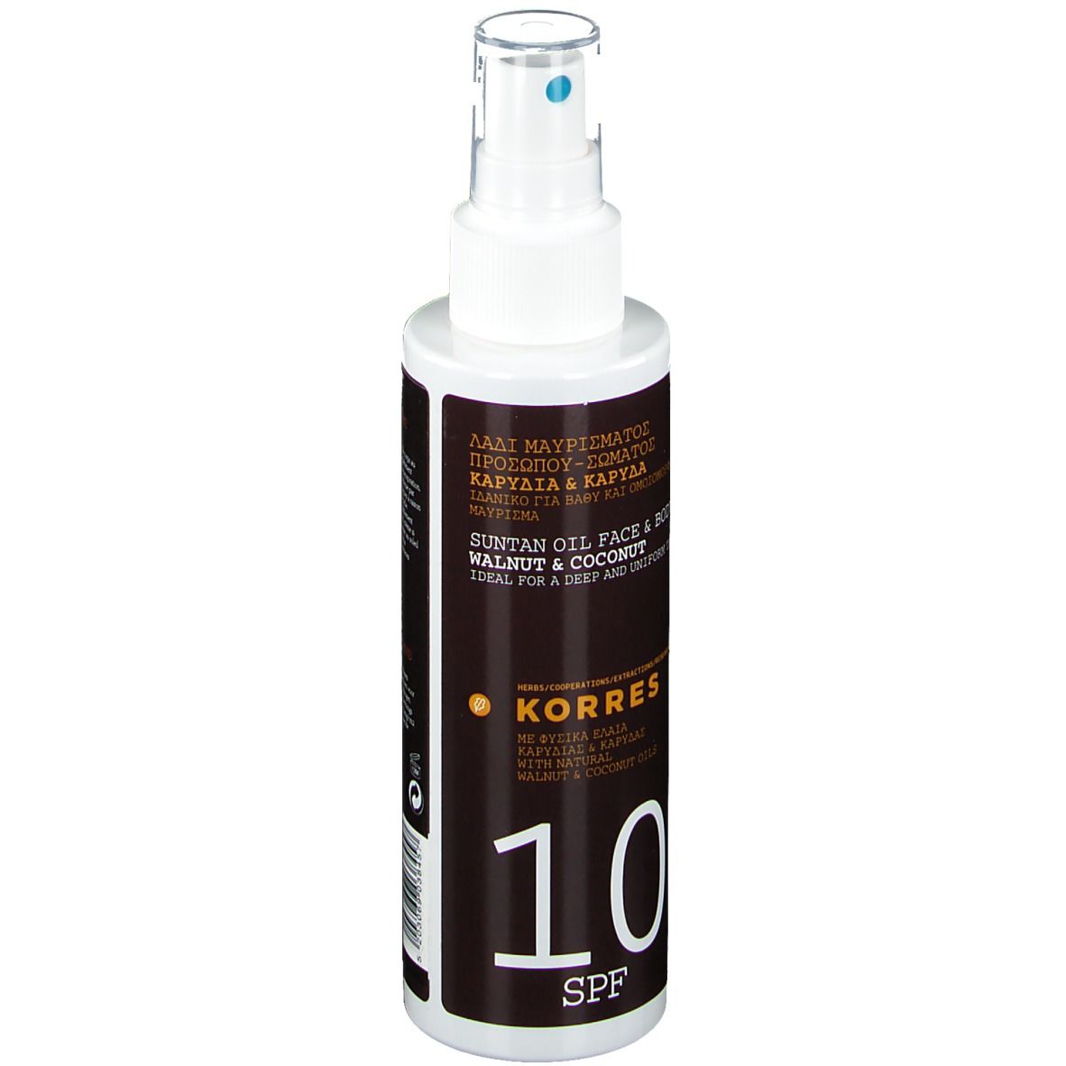 Flacone spray con testa bianca ed etichetta marrone. Scritta: KORRES, SPF 10. Contiene olio di noce e cocco.