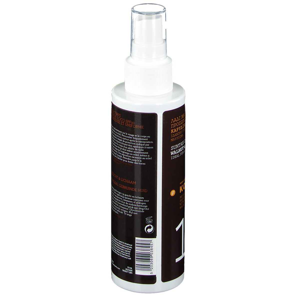 Retro del flacone spray. Testo multilingue. Informazioni sul prodotto e sugli ingredienti.