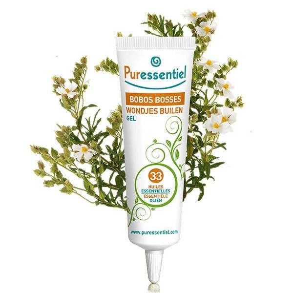 Tube Puressentiel gel. Tekst: Bobos Bosses, Wondjes Builen, Gel. Bevat 33 essentiële oliën. Bloemen design en merklogo.