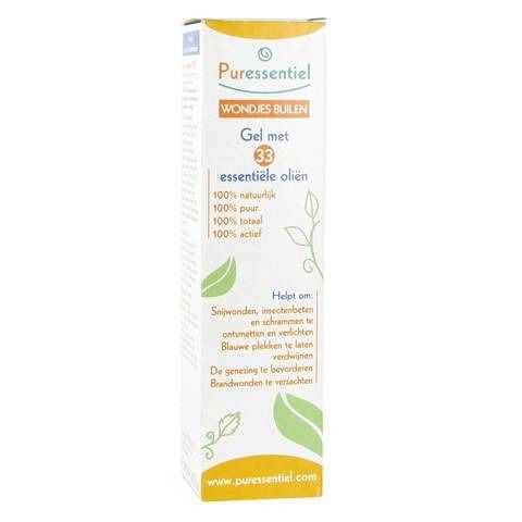 Verpakking Puressentiel. Tekst: Wondjes Builen, Gel met 33 essentiële oliën. 100% natuurlijke ingrediënten. Merklogo en productinfo.