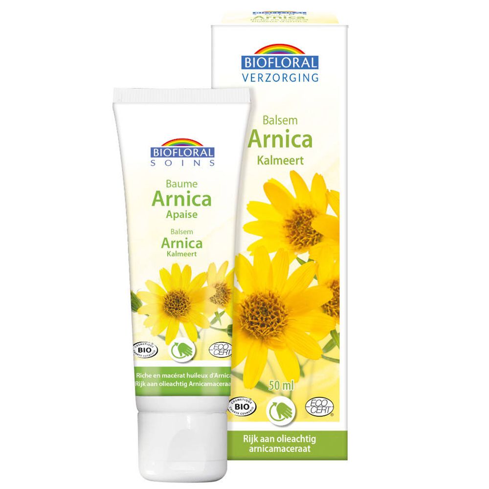 Tube et boîte de crème. Inscription : Baume Arnica. Fleurs jaunes. Label BIO. 50 ml.