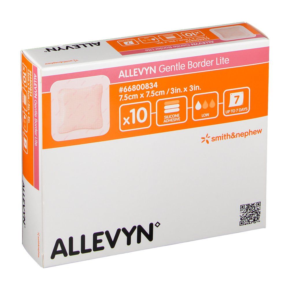 Verpackung von ALLEVYN Gentle Border Lite. Zeigt ein Pflaster, Größe 7,5 x 7,5 cm, Packung mit 10 Stück. Marke Smith & Nephew.