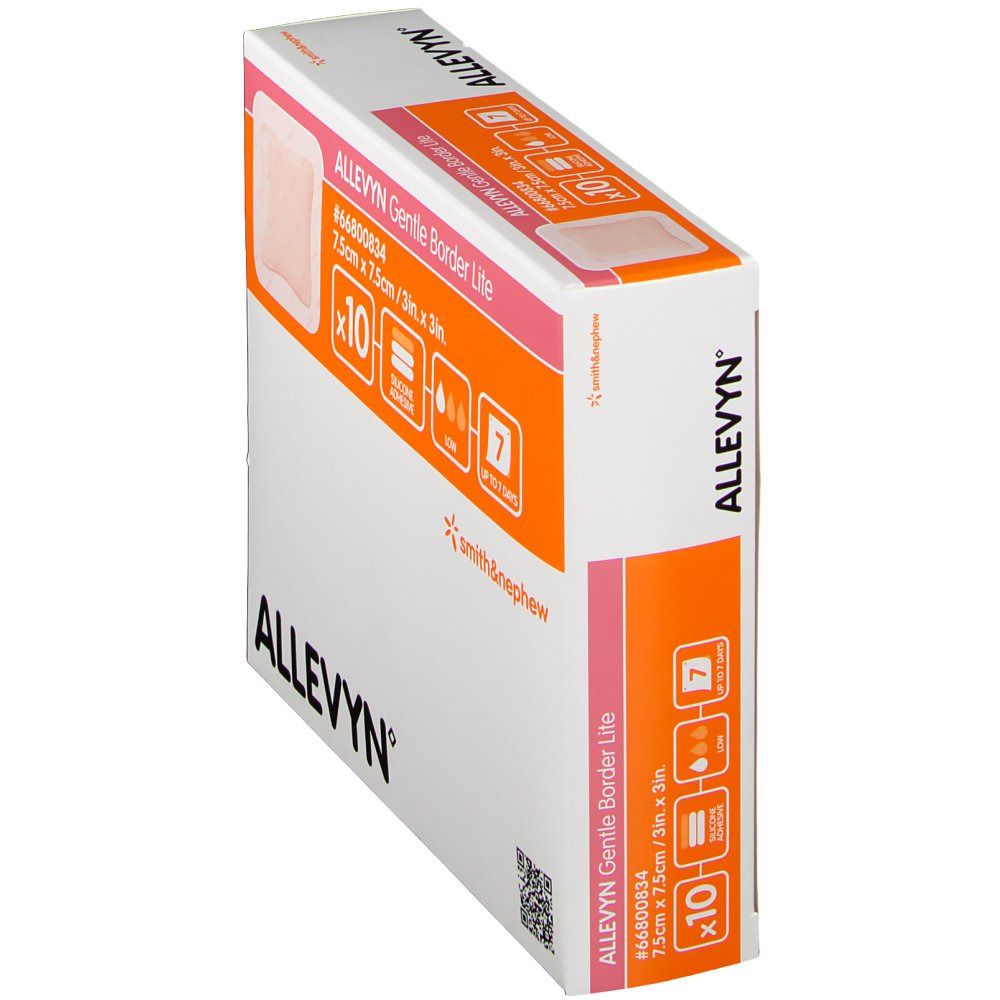 ALLEVYN Gentle Border Lite Verpackung, schräg. Zeigt ein Pflaster, Größe 7,5 x 7,5 cm. Marke Smith & Nephew. Packung mit 10 Stück.