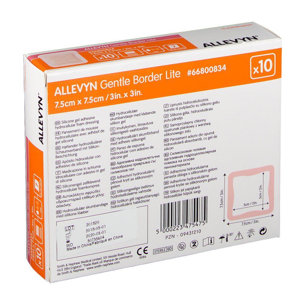Rückseite der ALLEVYN Gentle Border Lite Verpackung. Enthält Produktinformationen, Größenangaben und Herstellerdetails. Packung mit 10 Stück.