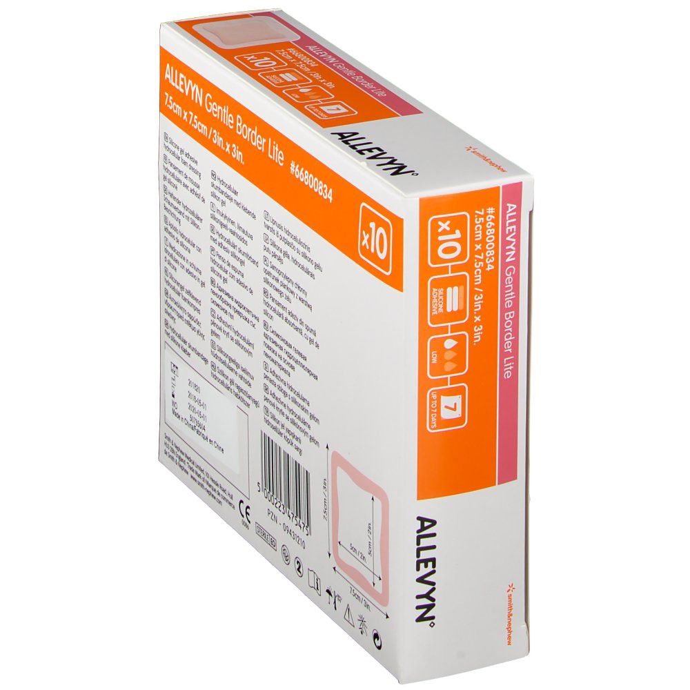 ALLEVYN Gentle Border Lite Verpackung, schräg. Rückseite mit Produktinformationen. Packung mit 10 Stück. Marke Smith & Nephew.