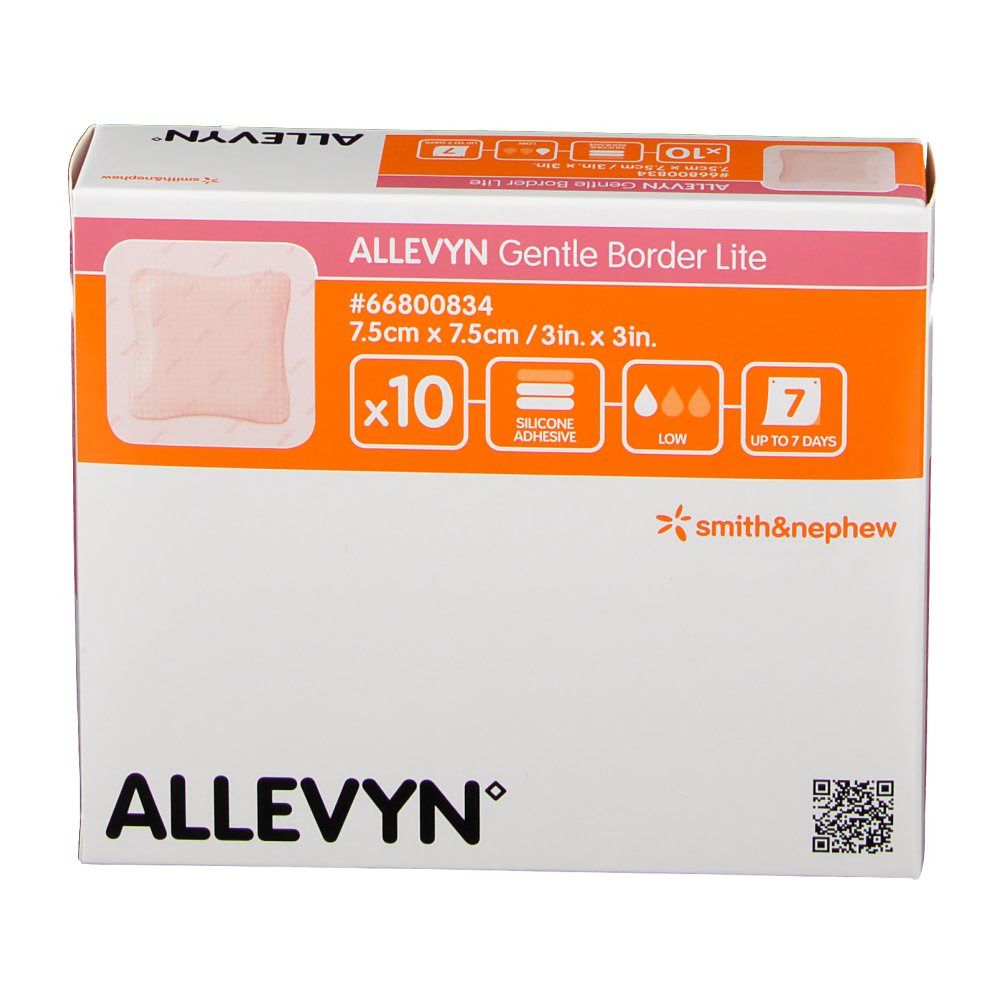 ALLEVYN Gentle Border Lite Verpackung. Zeigt ein Pflaster, Größe 7,5 x 7,5 cm, Packung mit 10 Stück. Marke Smith & Nephew.
