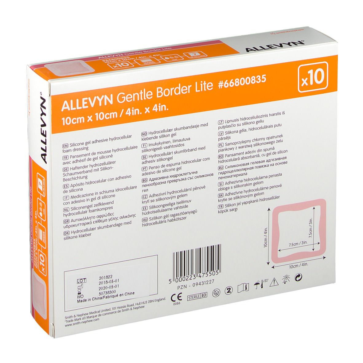 Dos de la boîte Allevyn Gentle Border Lite. Informations produit, dimensions et pictogrammes.