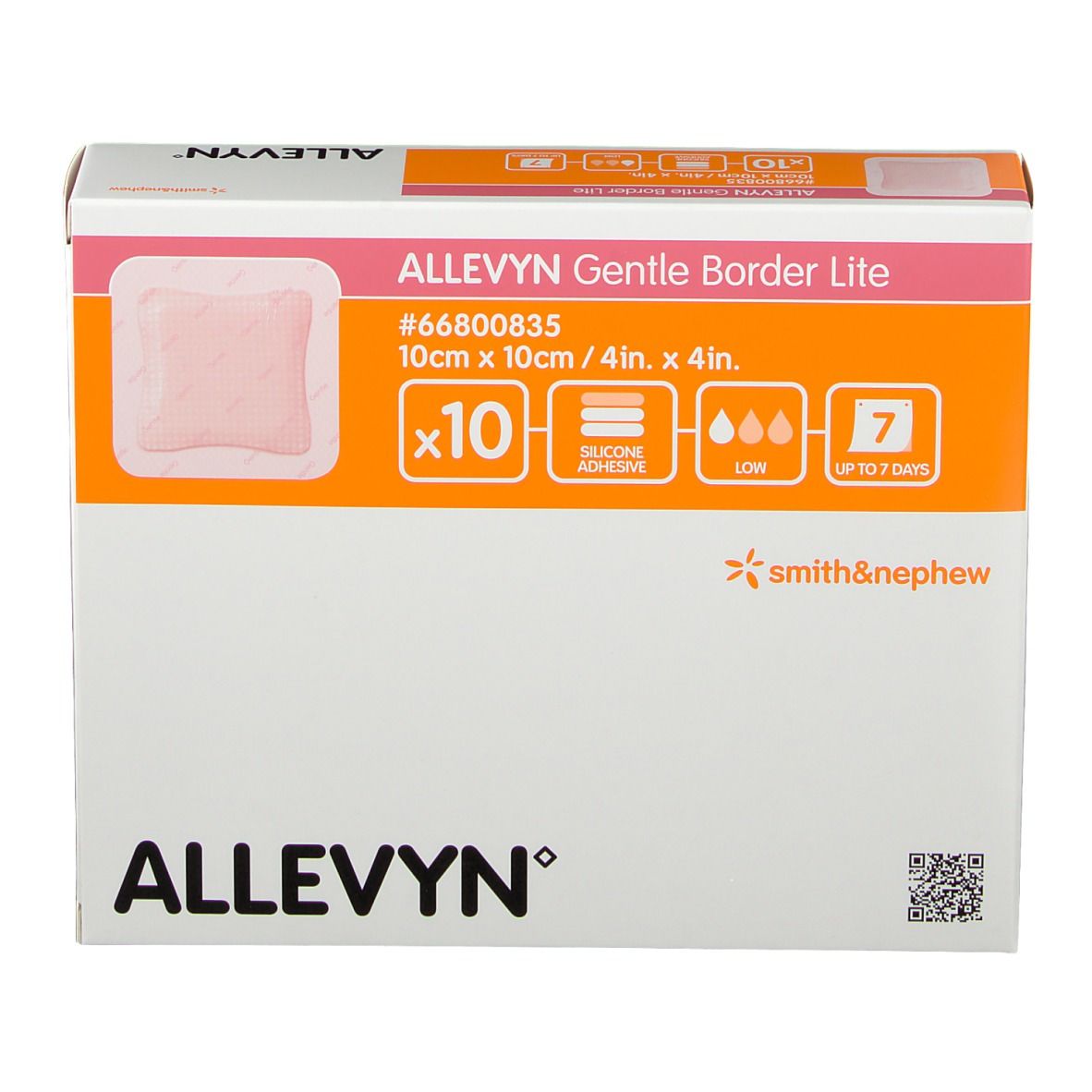 Boîte Allevyn Gentle Border Lite. Pansement 10x10cm, paquet de 10. Adhésif silicone. Smith & Nephew.