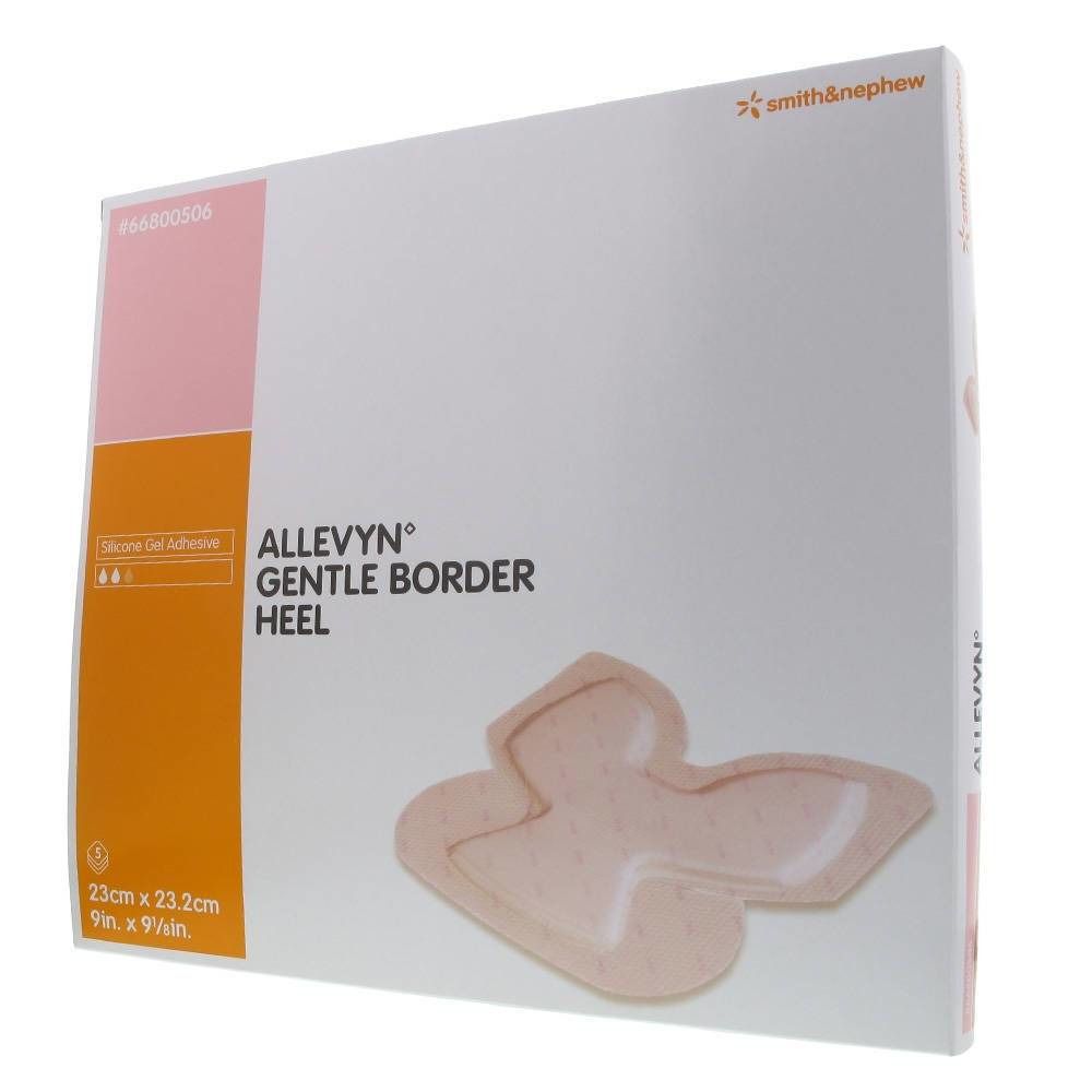 Verpackung mit ALLEVYN® Gentle Border Heel. Größe: 23 x 23,2 cm. Produkt und Marke sichtbar. Beige Produkt auf weißem Hintergrund.