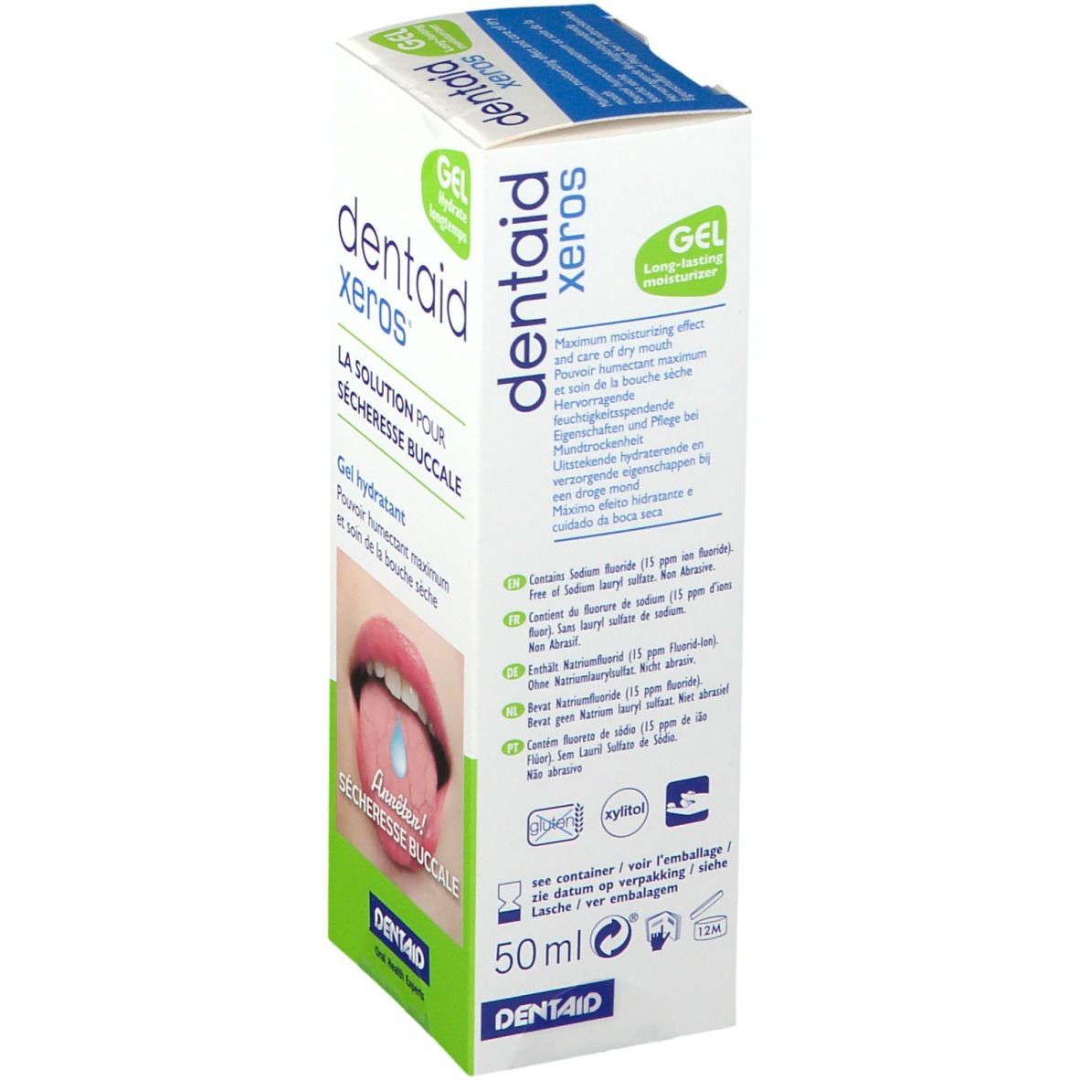 Boîte de gel dentaire avec nom du produit et liste des ingrédients. Texte en plusieurs langues.