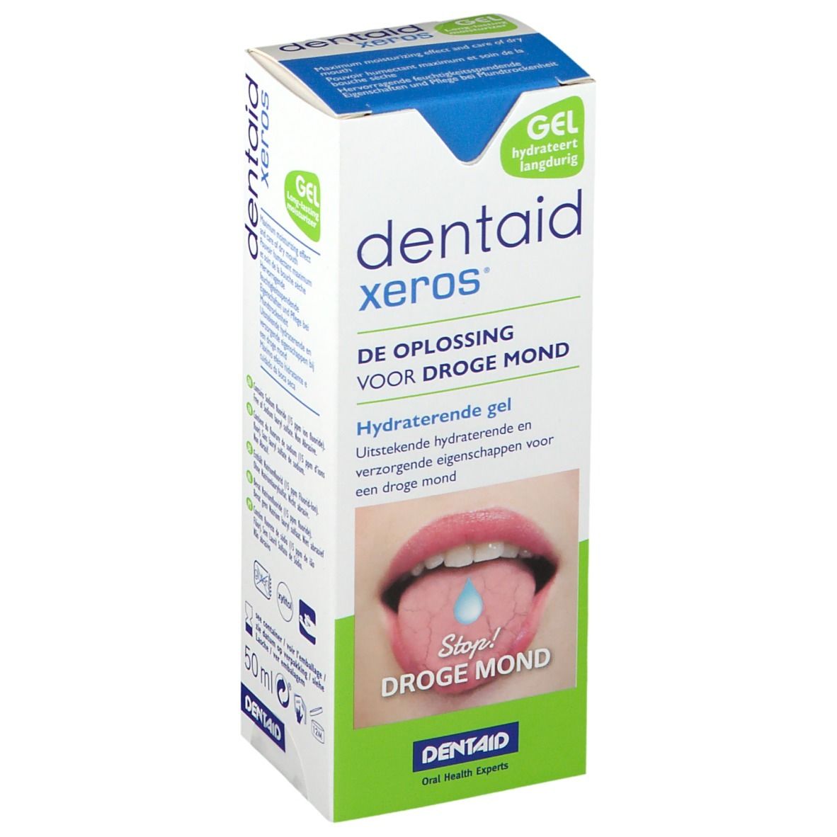 Boîte de gel dentaire avec nom du produit et image d'une langue avec une goutte. Texte en néerlandais.
