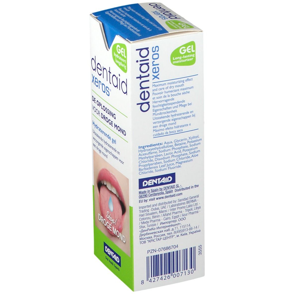 Boîte de gel dentaire avec nom du produit et liste des ingrédients. Texte en plusieurs langues.