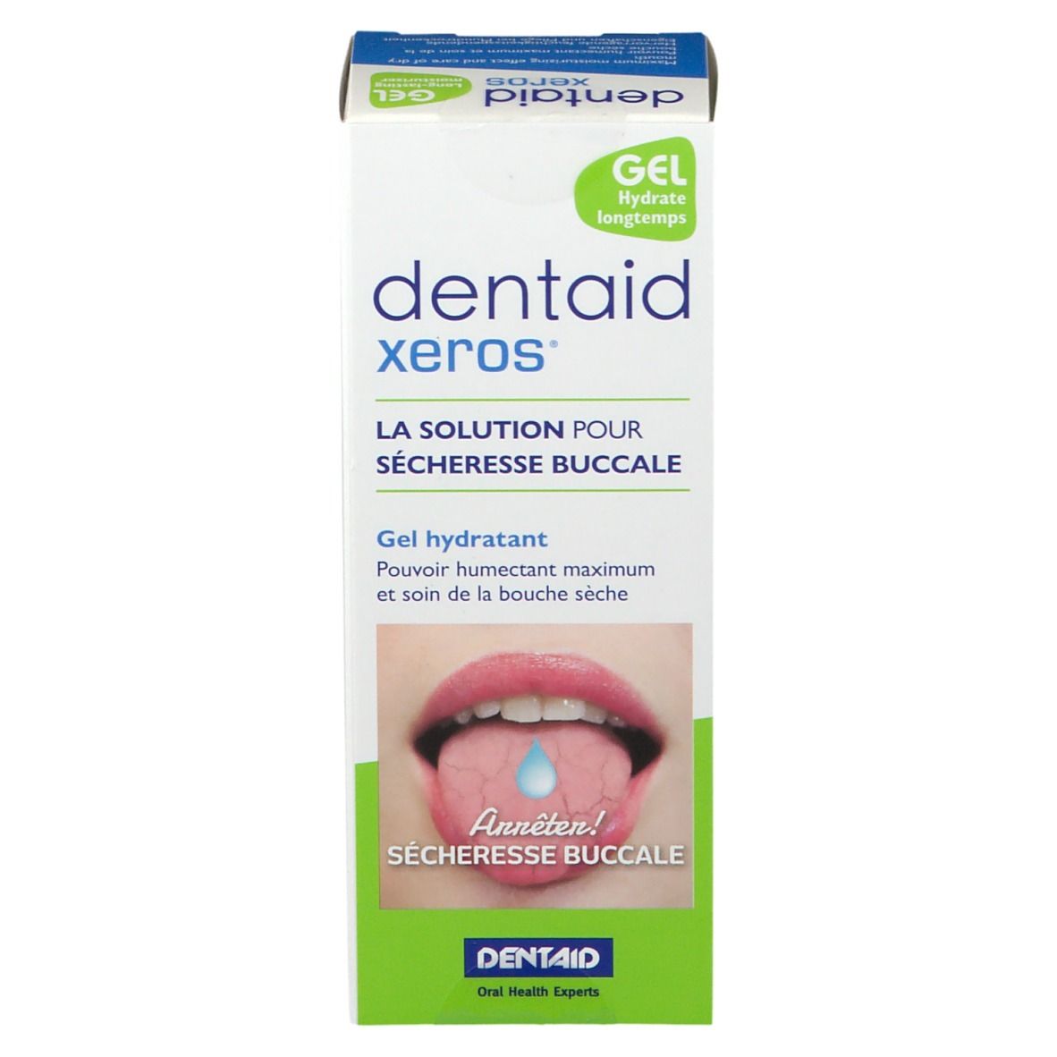 Boîte de gel dentaire avec nom du produit et image d'une langue avec une goutte. Texte en français.