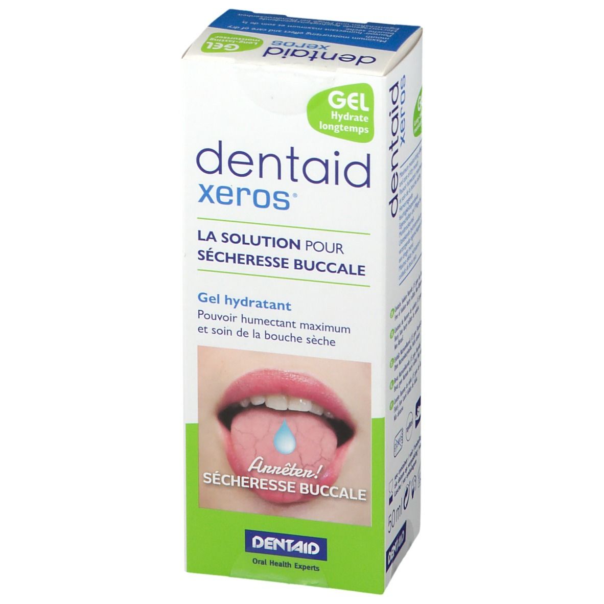 Boîte de gel dentaire avec nom du produit et image d'une langue avec une goutte. Texte en français.