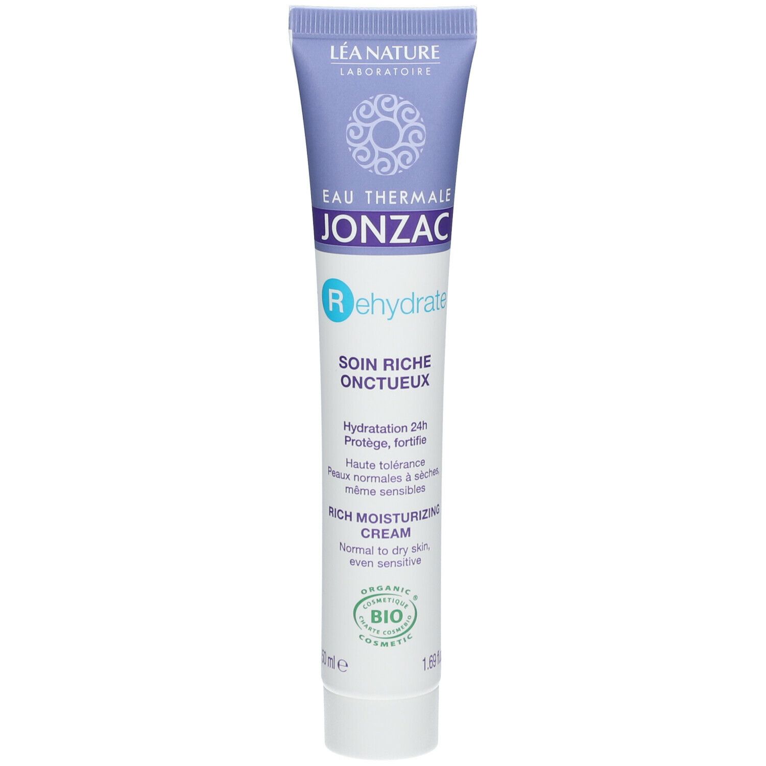 Creme-Tube mit Aufschrift 'Jonzac Rehydrate'. Blaue und weiße Farbgebung. Bio-Zertifizierung.