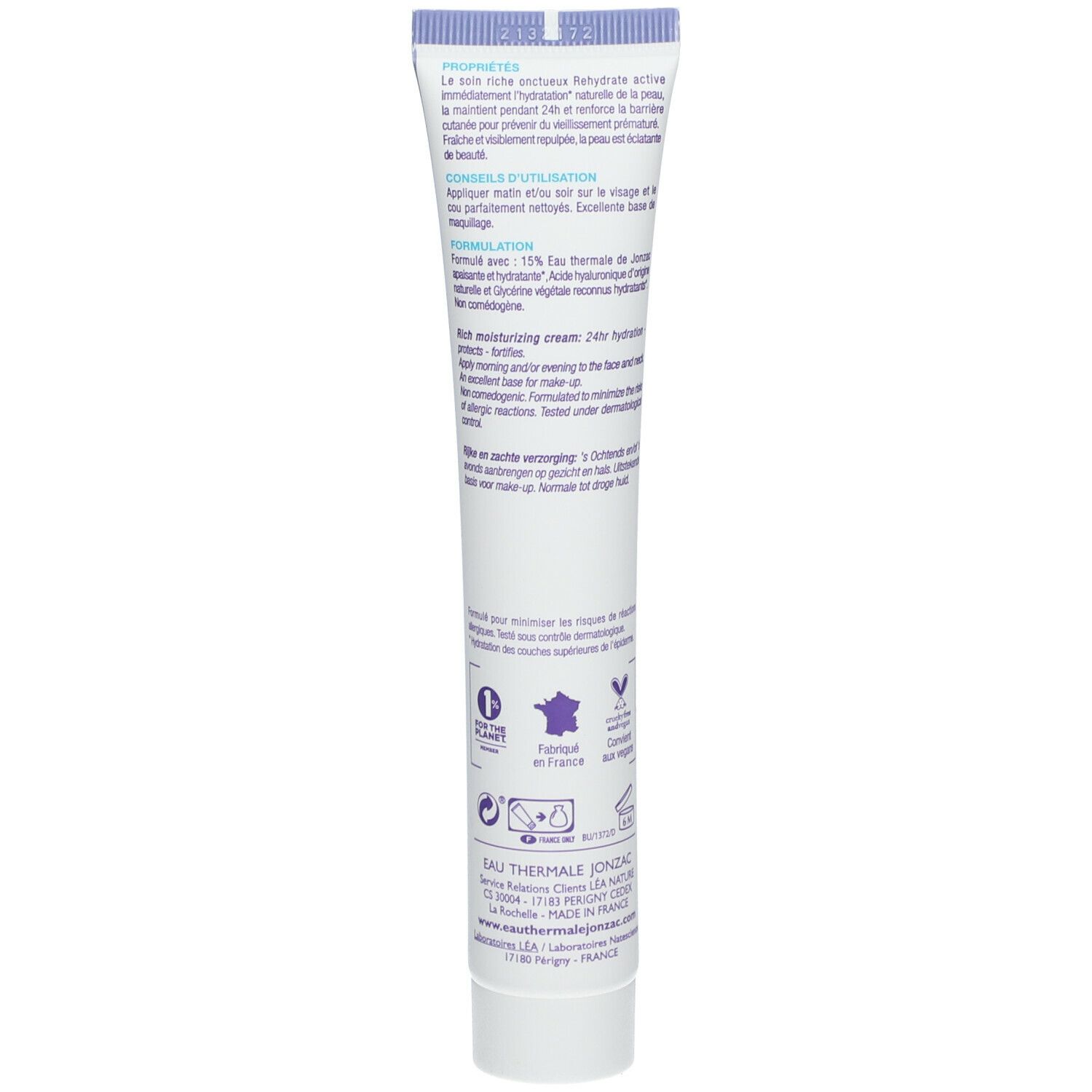 Rückseite der Creme-Tube 'Jonzac Rehydrate'. Text in mehreren Sprachen. Bio-Zertifizierung.