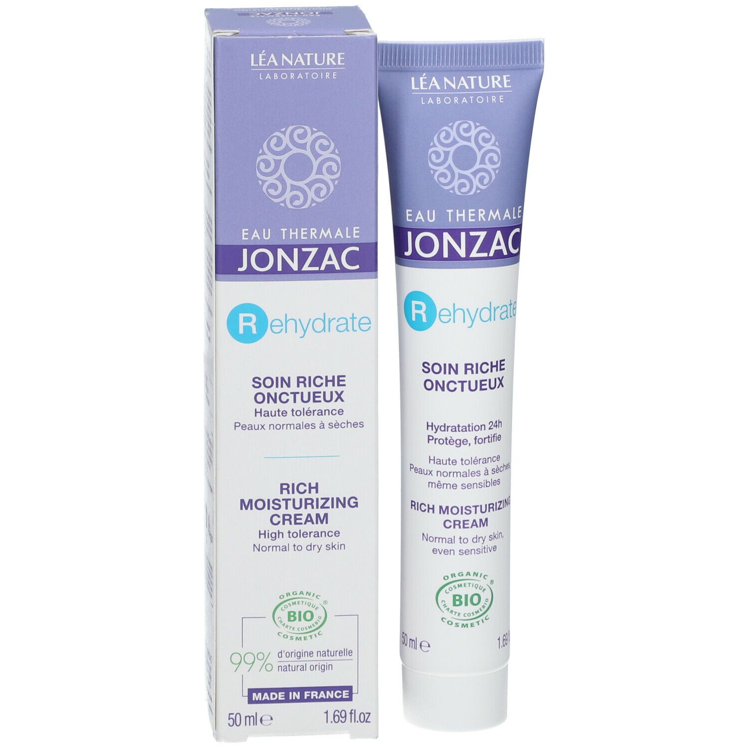 Produktverpackung und Tube 'Jonzac Rehydrate'. Box und Tube in Blau und Weiß. Bio-Zertifizierung.