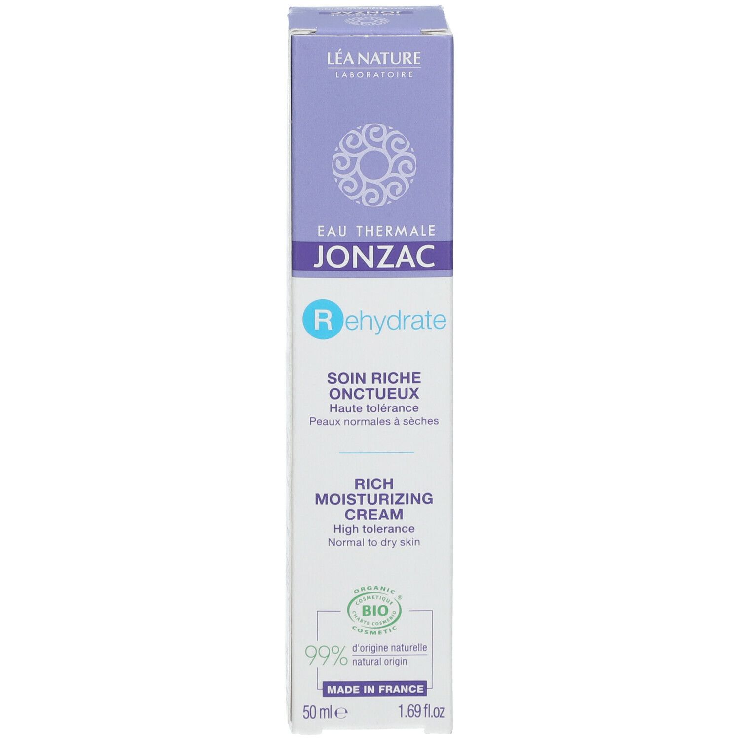 Produktverpackung 'Jonzac Rehydrate'. Blaue und weiße Box. Bio-Zertifizierung.