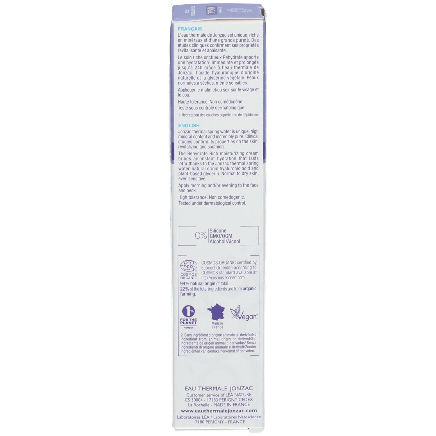 Produktverpackung 'Jonzac Rehydrate'. Text in mehreren Sprachen. Bio-Zertifizierung.