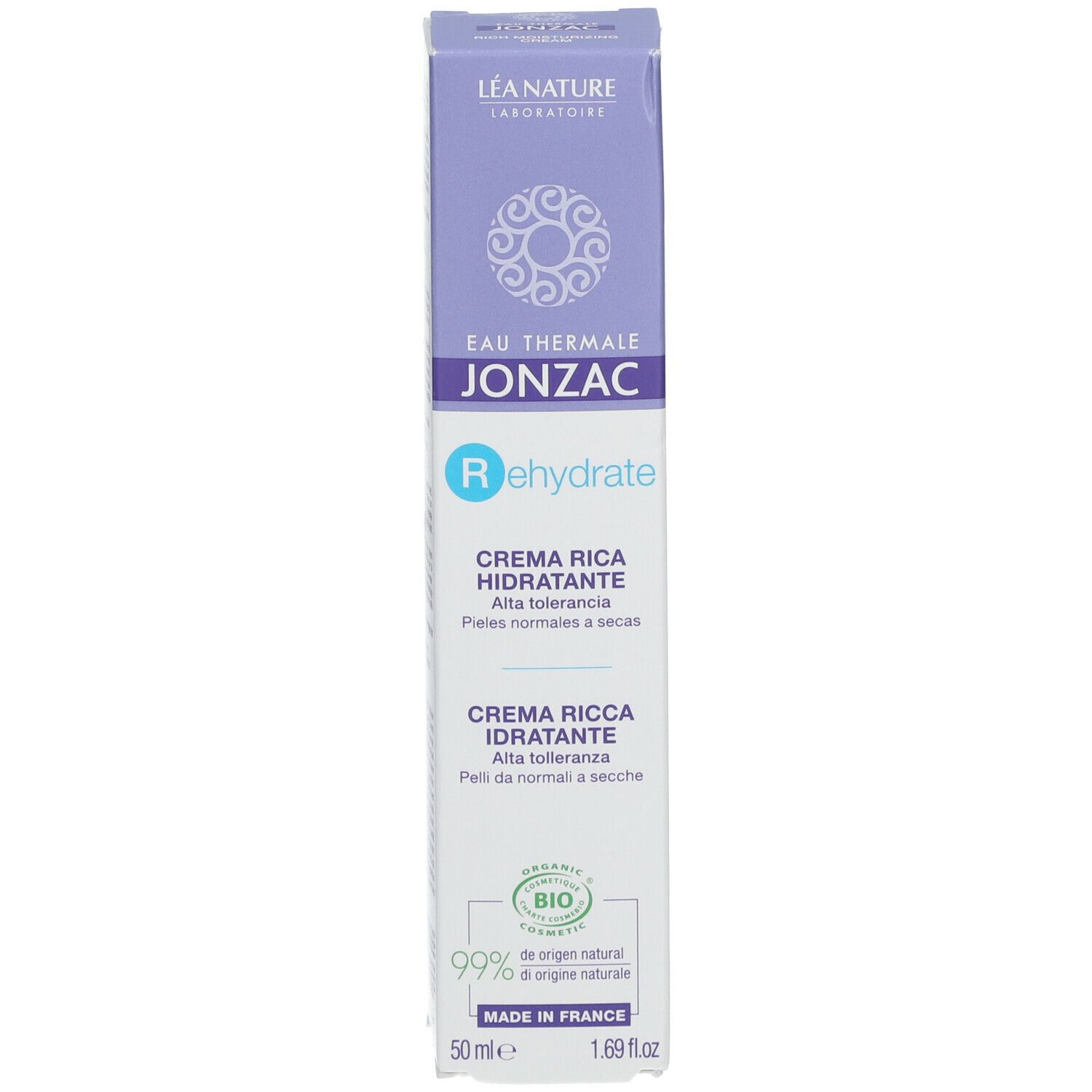 Produktverpackung 'Jonzac Rehydrate'. Text in mehreren Sprachen. Bio-Zertifizierung.