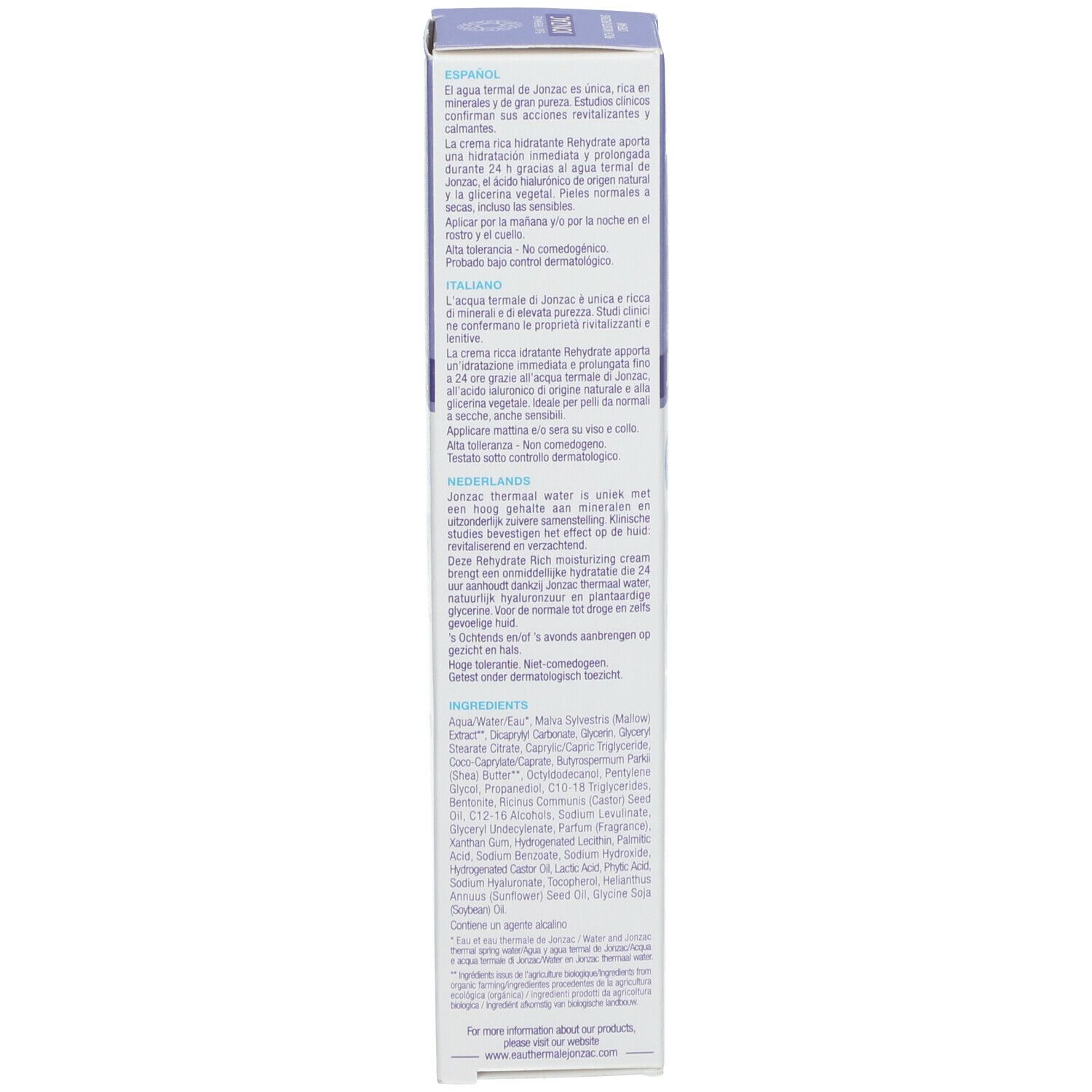 Produktverpackung 'Jonzac Rehydrate'. Text in mehreren Sprachen. Bio-Zertifizierung.