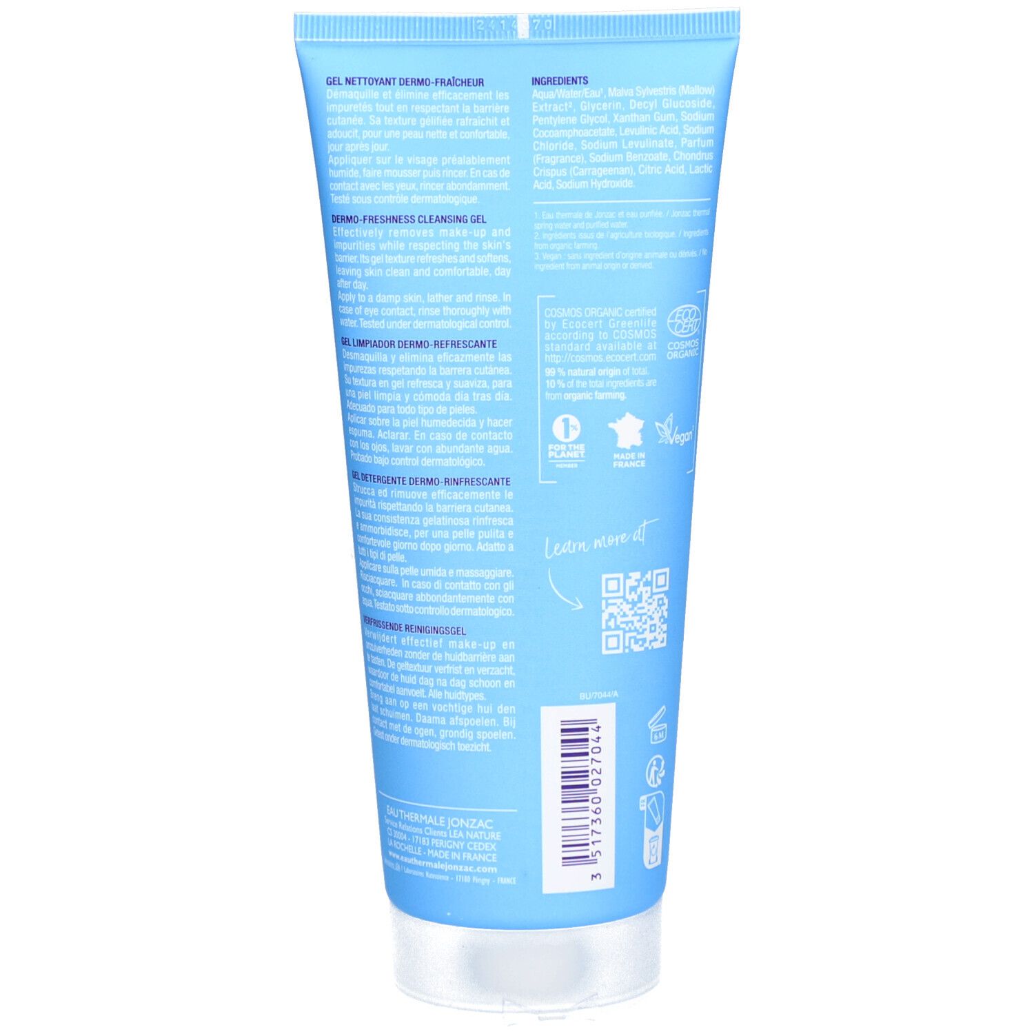 Achterkant van een lichtblauwe tube. Tekst en ingrediënten. Bio-keurmerk en QR-code.