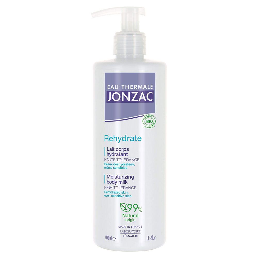 Flacon blanc avec pompe. Inscription: Jonzac Rehydrate, lait corporel. Certification bio.