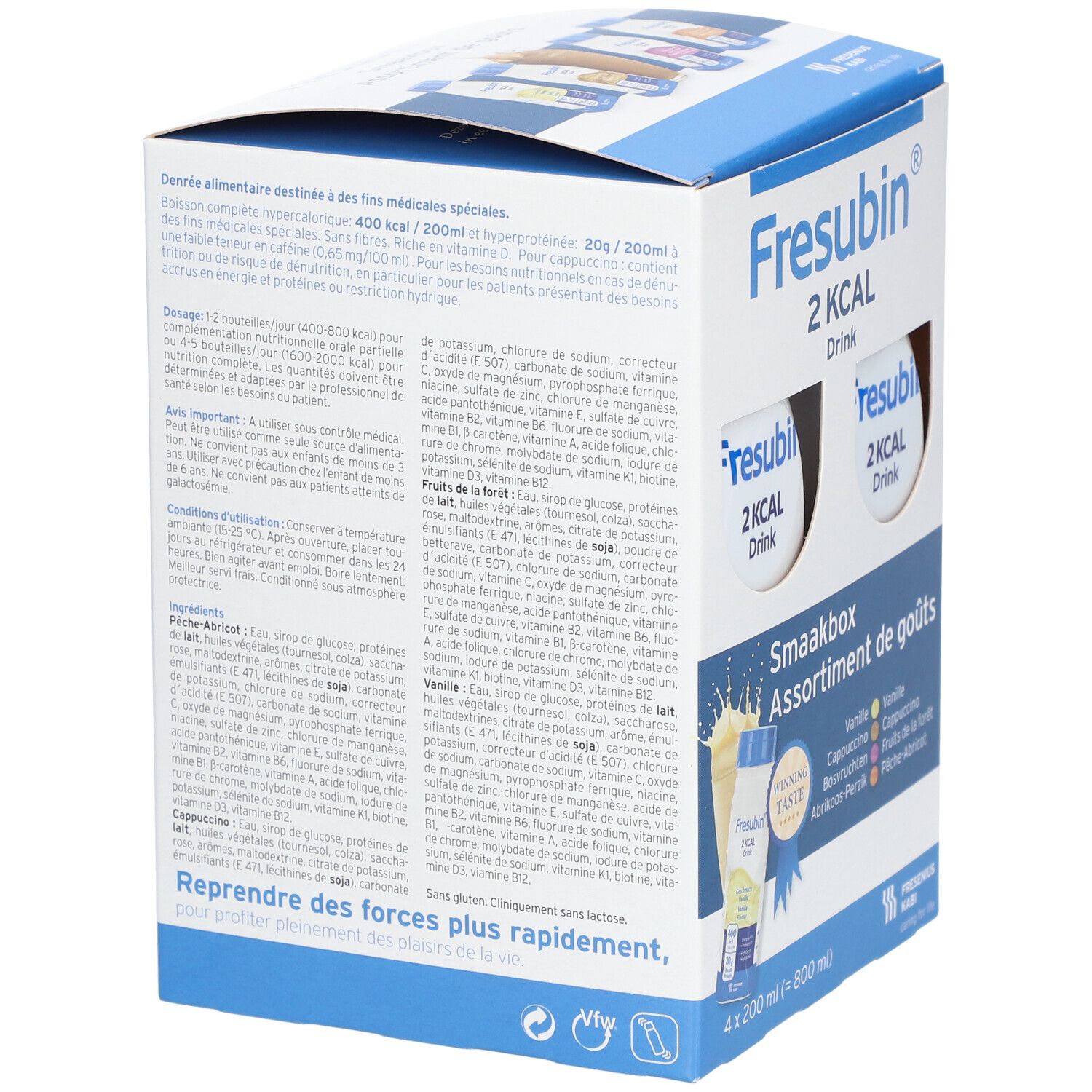 Boîte en carton avec texte. Inscription : Fresubin 2 Kcal Drink, Smaakbox Assortiment de goûts. Contient des informations sur les ingrédients et la valeur nutritionnelle.