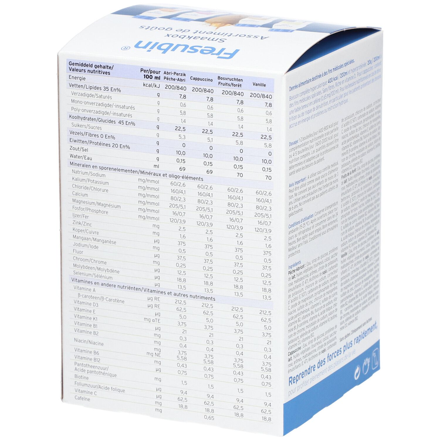 Boîte en carton avec tableau nutritionnel. Inscription : Fresubin 2 Kcal Drink, Smaakbox Assortiment de goûts. Contient des informations nutritionnelles.