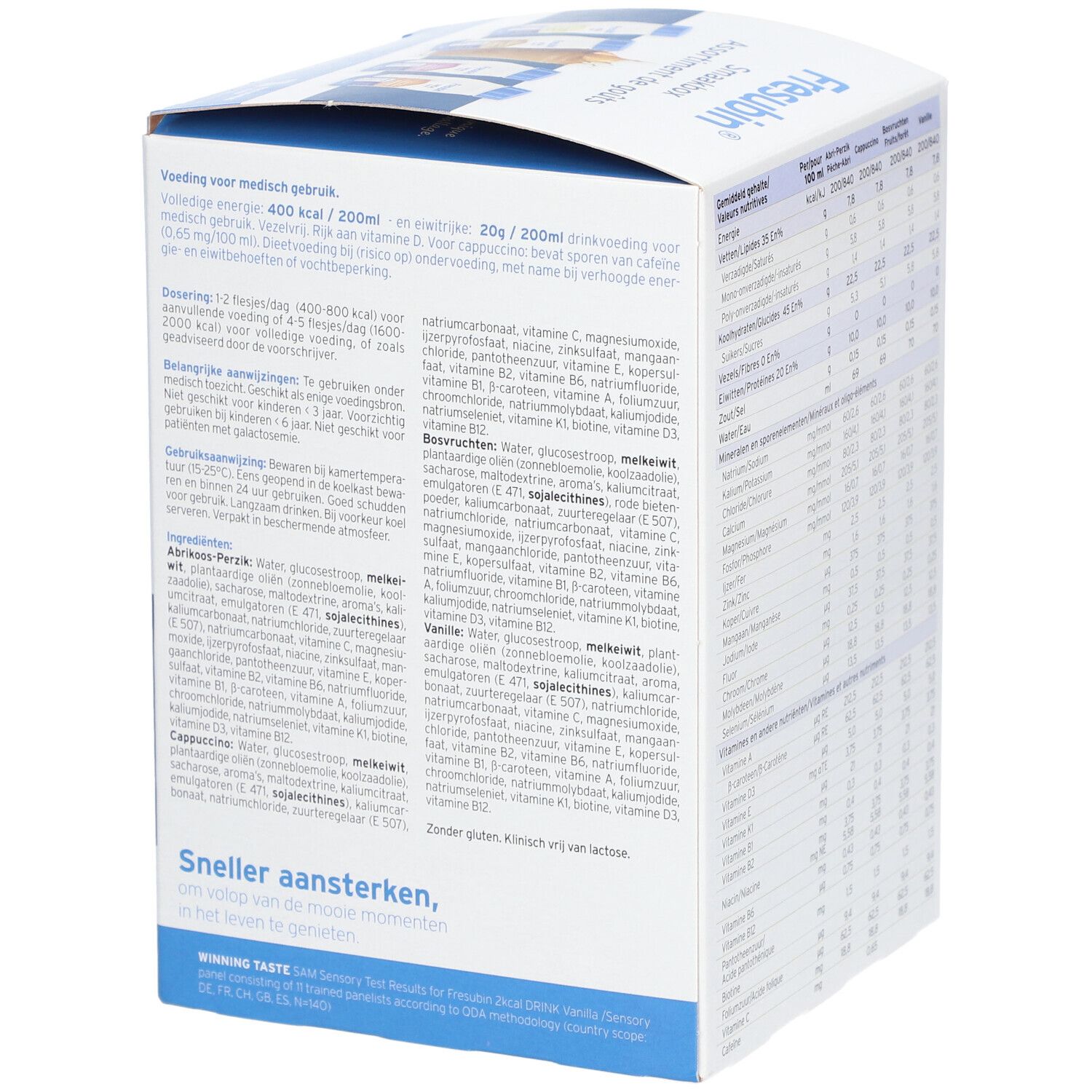 Boîte en carton avec texte. Inscription : Fresubin 2 Kcal Drink, Smaakbox Assortiment de goûts. Contient des informations sur les ingrédients et la valeur nutritionnelle.