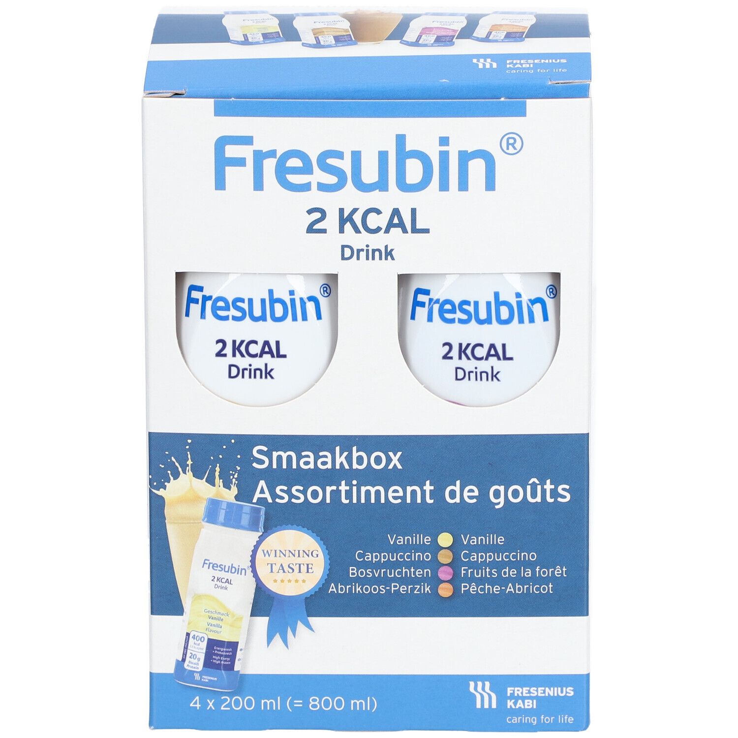 Boîte en carton avec deux gobelets. Inscription : Fresubin 2 Kcal Drink, Smaakbox Assortiment de goûts. Différentes saveurs.