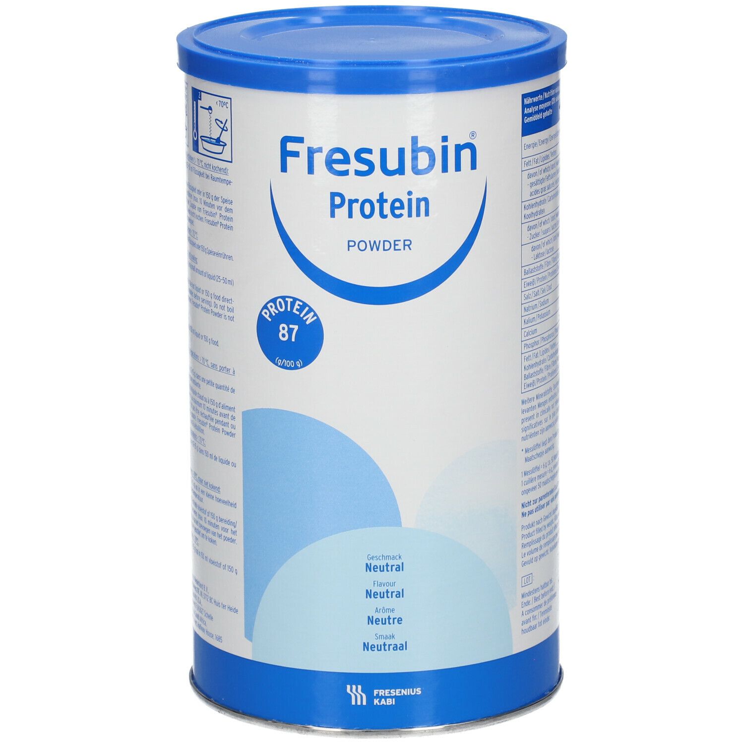 Boîte cylindrique Fresubin Protein Powder, bleu et blanc. Inscription : Protein, Powder, Protein 87. Goût neutre.