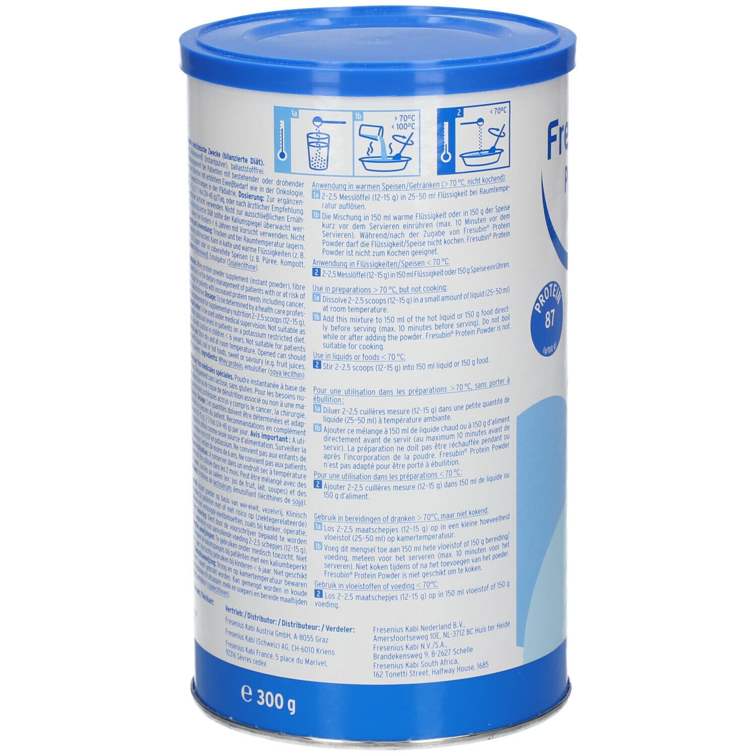 Dos de la boîte Fresubin Protein Powder. Texte avec instructions de préparation et informations nutritionnelles. Poids : 300 g.
