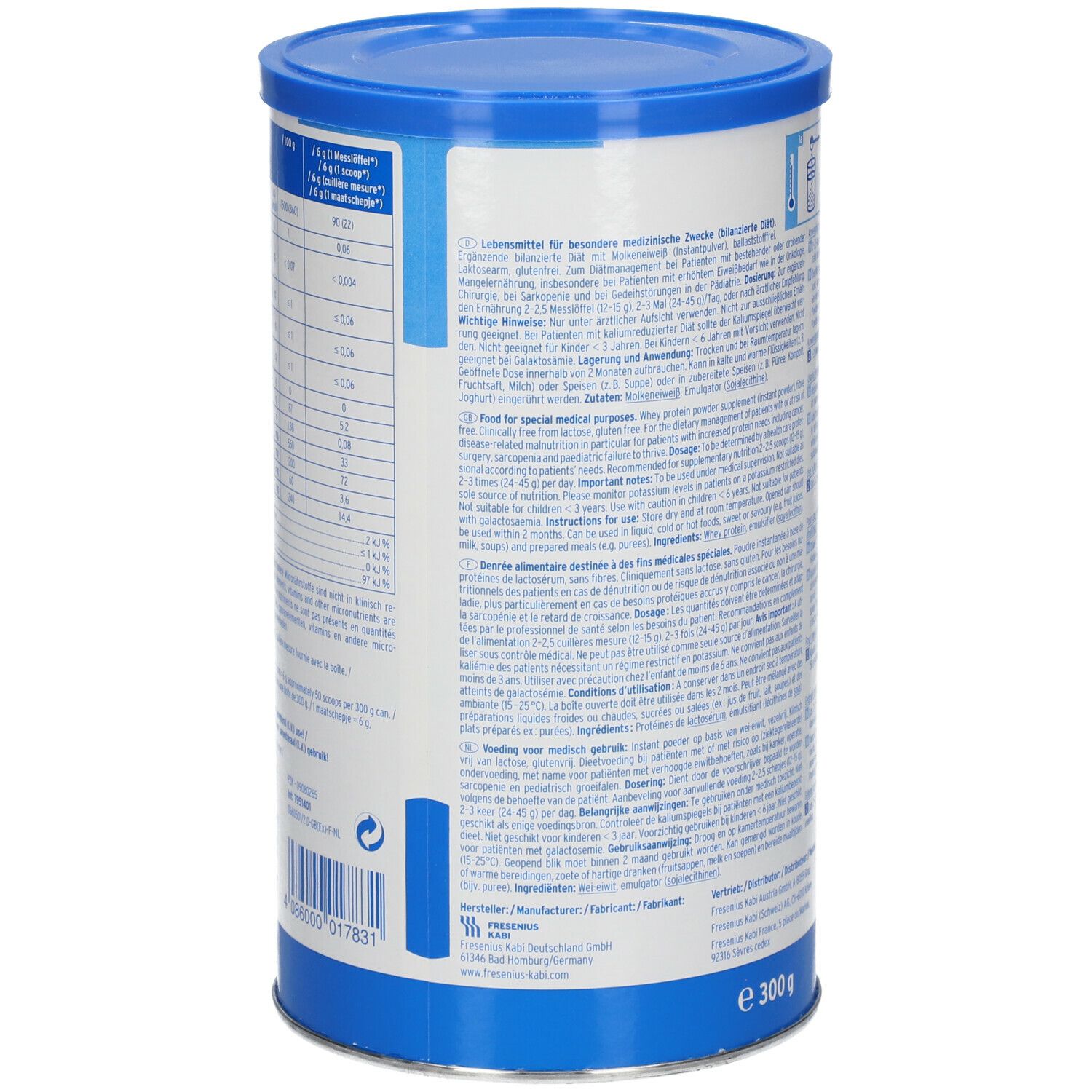 Dos de la boîte Fresubin Protein Powder. Texte avec informations à des fins médicales. Poids : 300 g.