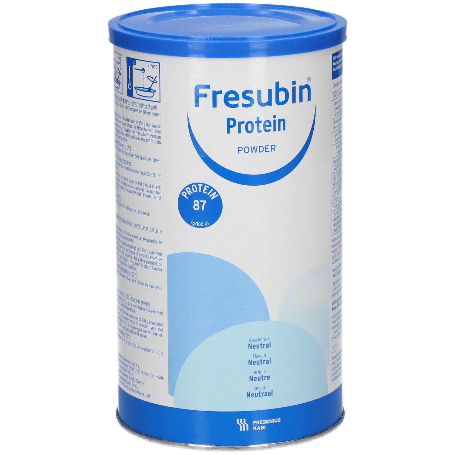Boîte cylindrique Fresubin Protein Powder, bleu et blanc. Inscription : Protein, Powder, Protein 87. Goût neutre.