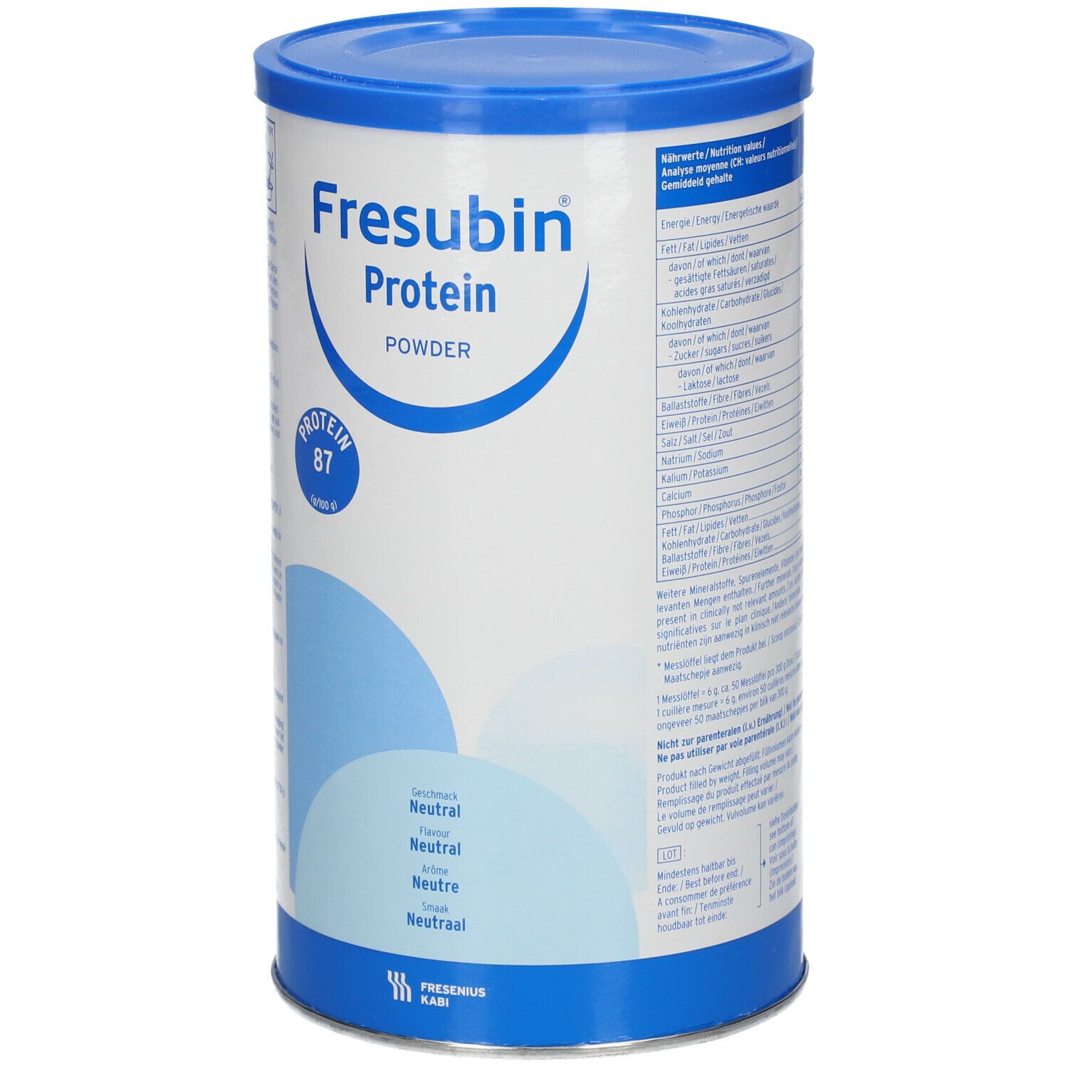 Boîte cylindrique Fresubin Protein Powder, bleu et blanc. Inscription : Protein, Powder, Protein 87. Goût neutre.