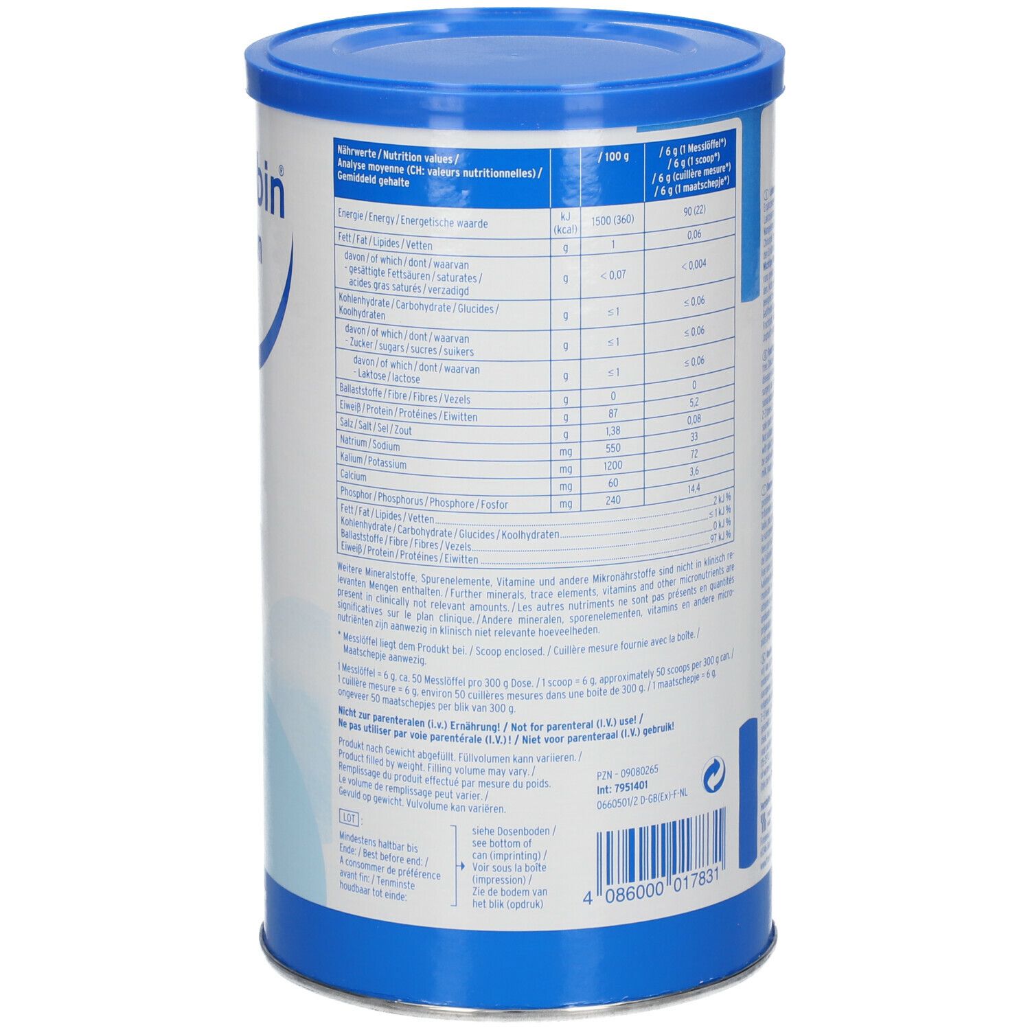 Dos de la boîte Fresubin Protein Powder. Tableau nutritionnel avec informations sur l'énergie, les graisses, les glucides, les protéines, le sel.