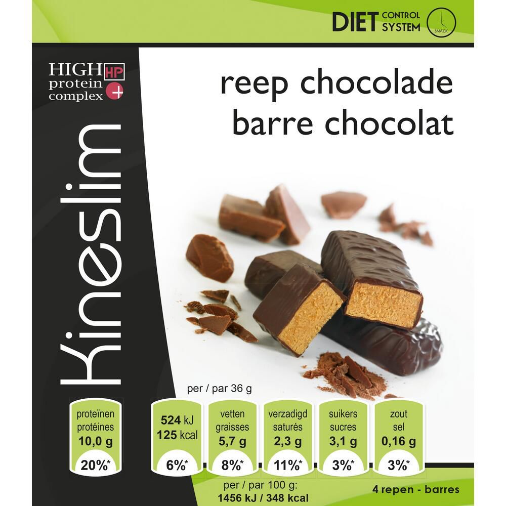 Reep met chocoladecoating en vulling. Opschrift: Kineslim, High Protein Complex. Voedingswaarde-informatie.