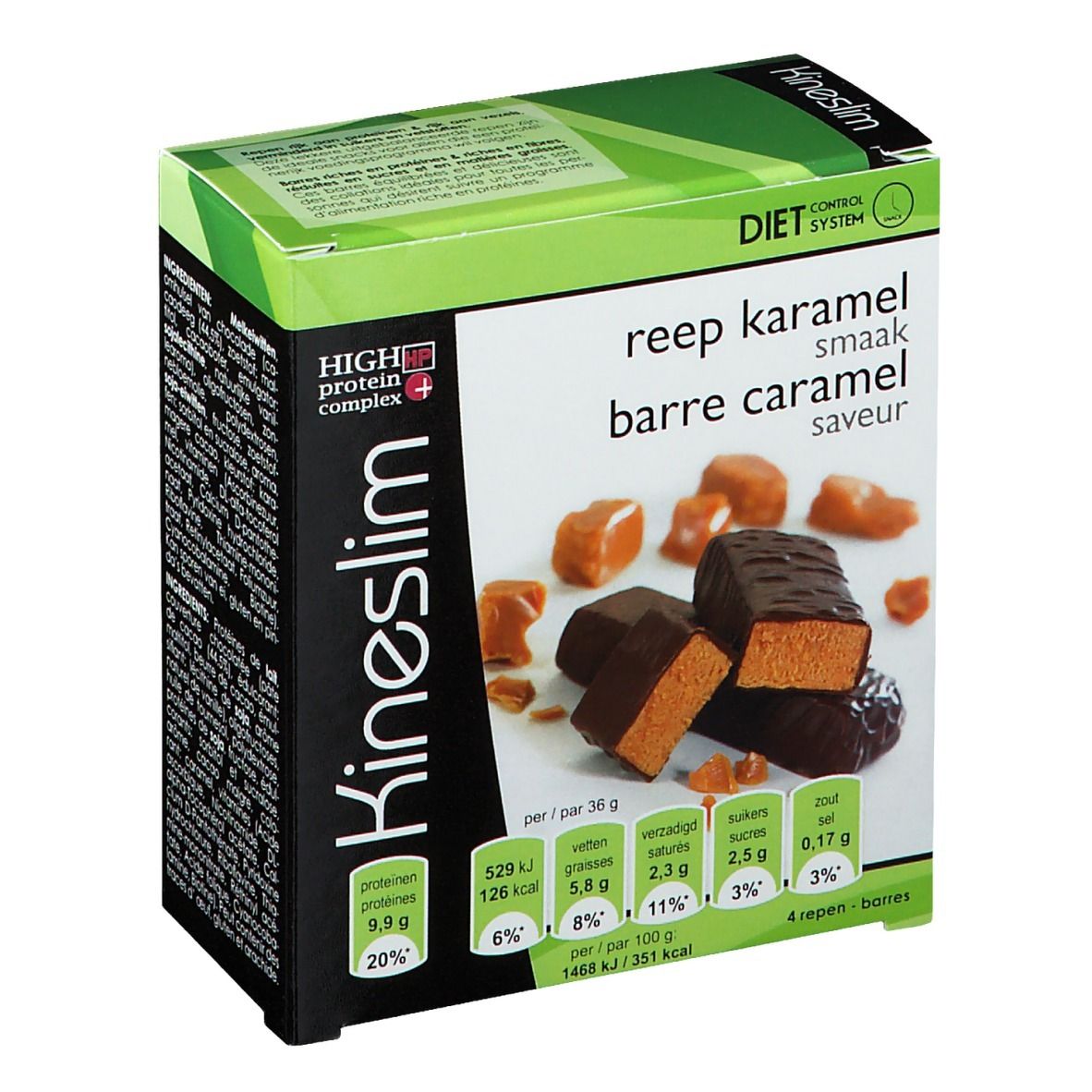 Kineslim doos met repen. Opschrift: reep karamel, barre caramel, High Protein Complex. Groen en wit. 4 repen.