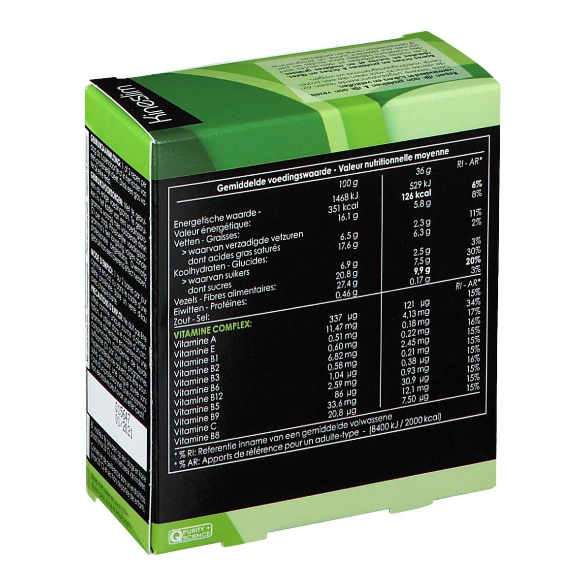 Achterkant van de Kineslim doos. Voedingswaarde in het Nederlands. Groen en wit. Bevat vitaminecomplex.