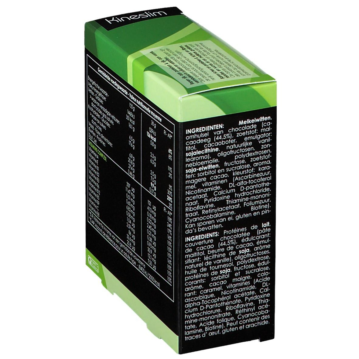 Zijkant van de Kineslim doos met ingrediëntenlijst. Tekst in het Nederlands. Groen en wit. Bevat melk en soja.