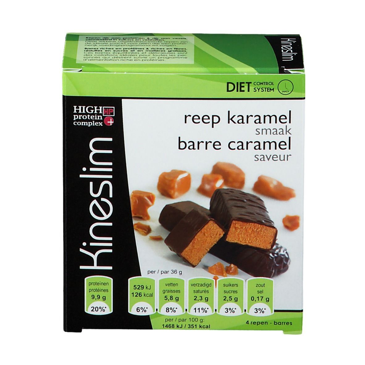 Kineslim doos met repen. Opschrift: reep karamel, barre caramel, High Protein Complex. Groen en wit. 4 repen.