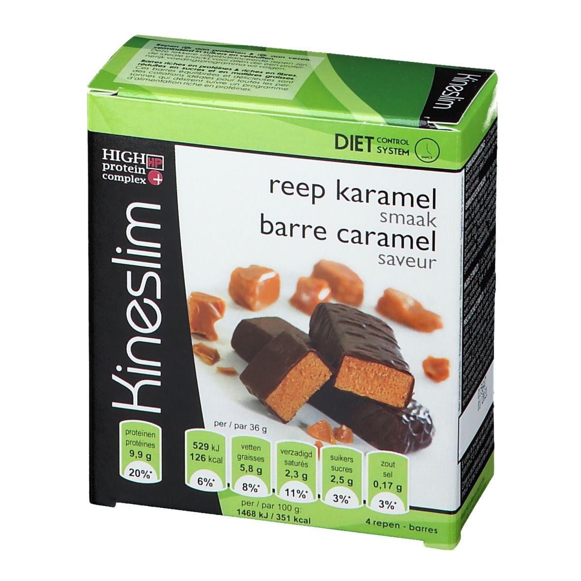 Kineslim doos met repen. Opschrift: reep karamel, barre caramel, High Protein Complex. Groen en wit. 4 repen.