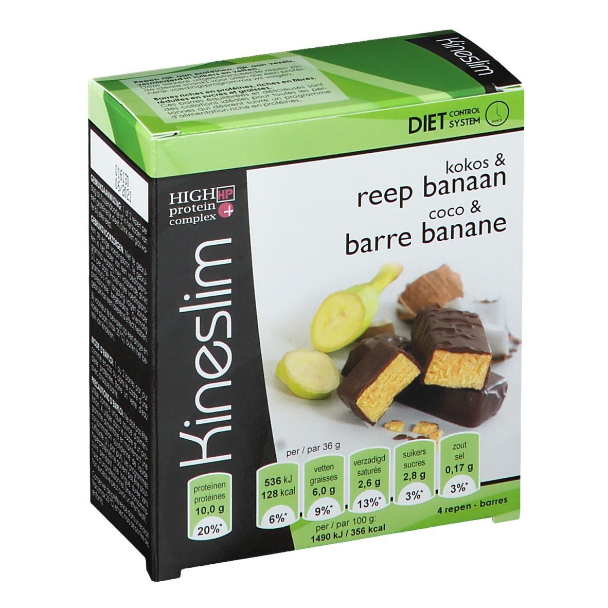Boîte Kineslim avec image de barre coco/banane. Emballage vert et blanc avec informations nutritionnelles et logo.